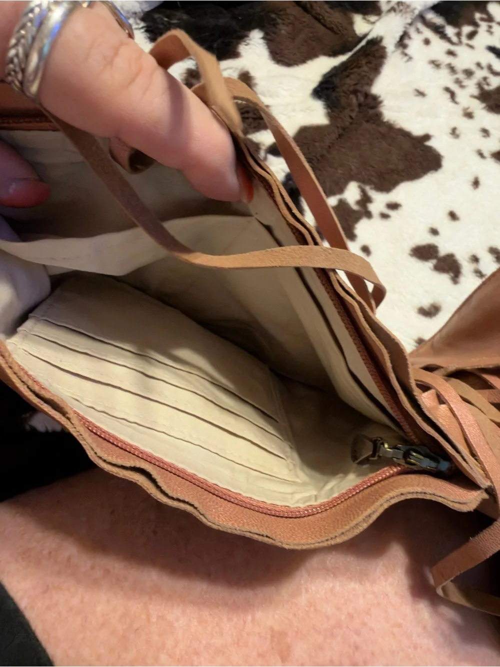 Fringed MetallicLeather Rose Gold Shoulder Bag